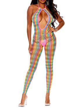 Rainbow Crochet Net Footless Bodystocking Open Crotch Lingerie
